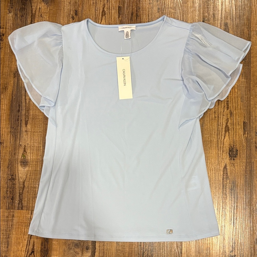 Calvin Klein Light Blue Sheer Sleeve Blouse